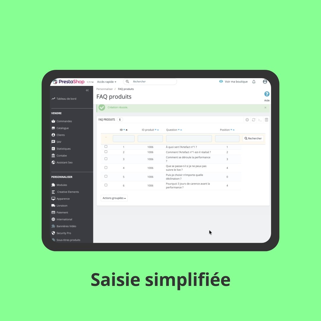 Module faq produit saisie simplifiée