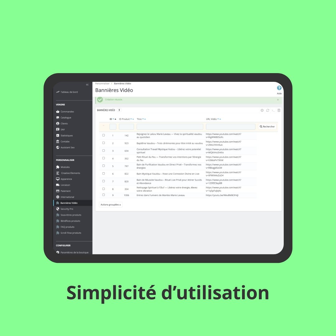 Simplicité d'utilisation du module Banniere Vidéo Produit